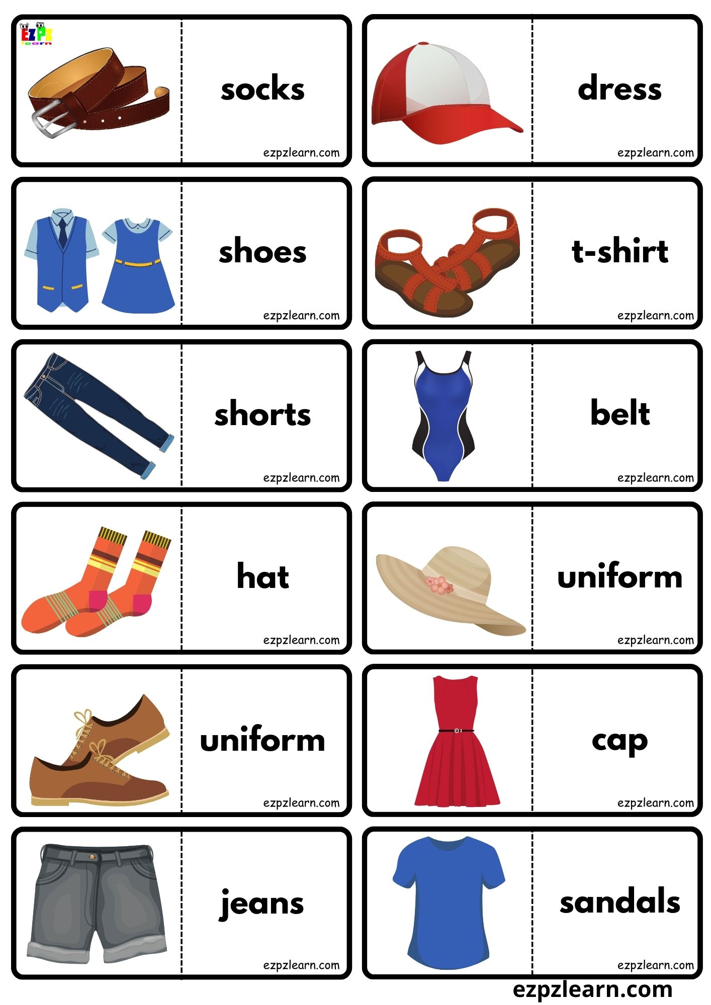 Clothes Vocabulary Dominoes Matching Game for Kids Free PDF Download ...